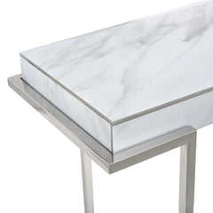 Set of Two 46" White and Silver Faux Marble Mirrored Sled Console Table