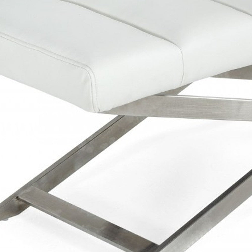 47" White and Silver Upholstered Faux Leather Dining Bench