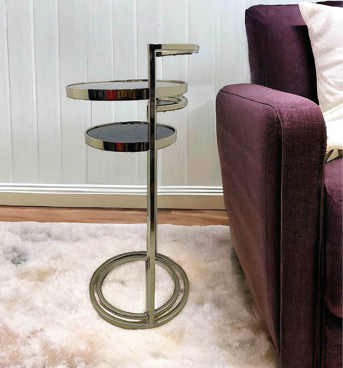 Set Of Two 27" Gold And Black Stone Round Nested Tables