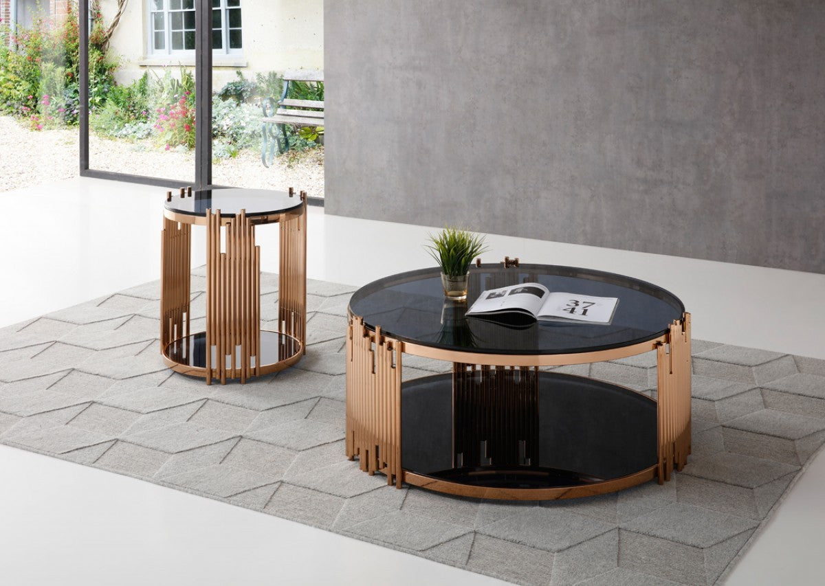 Stylish Round Rose Gold And Smoked Glass End Table