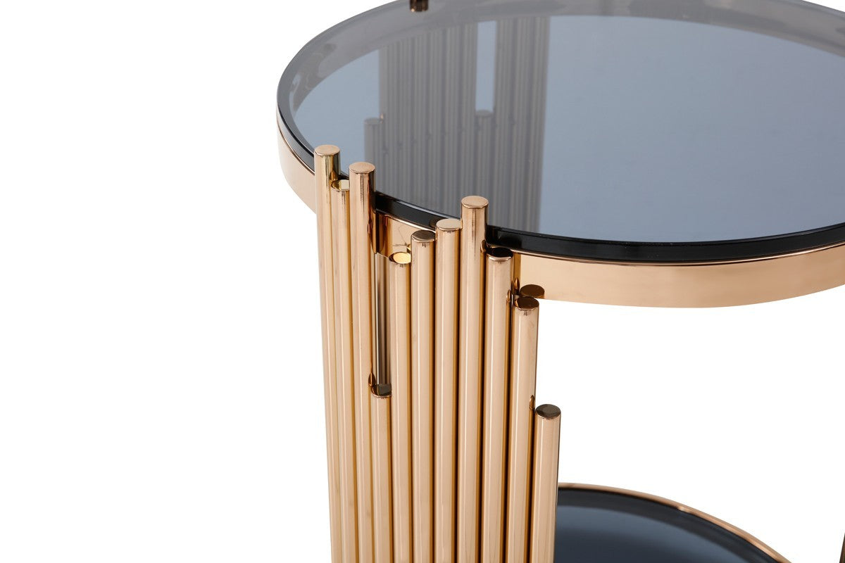 Stylish Round Rose Gold And Smoked Glass End Table