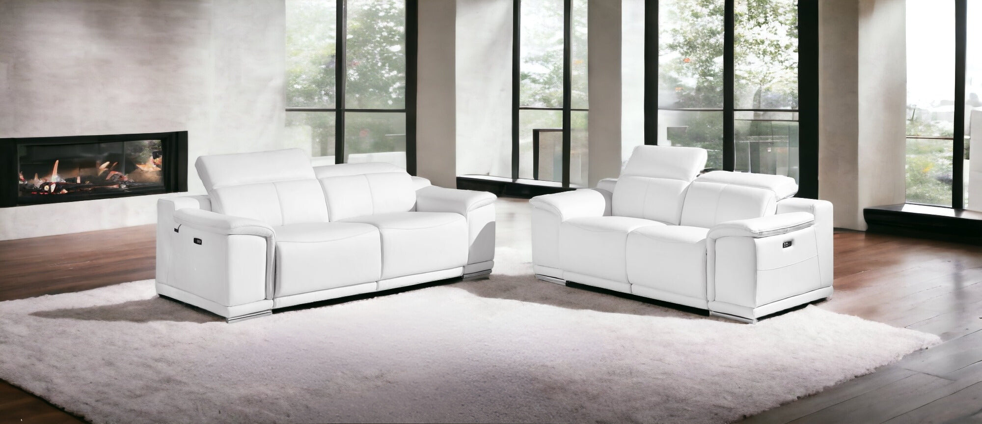 Two Piece Indoor White Italian Leather Five Person Seating Set