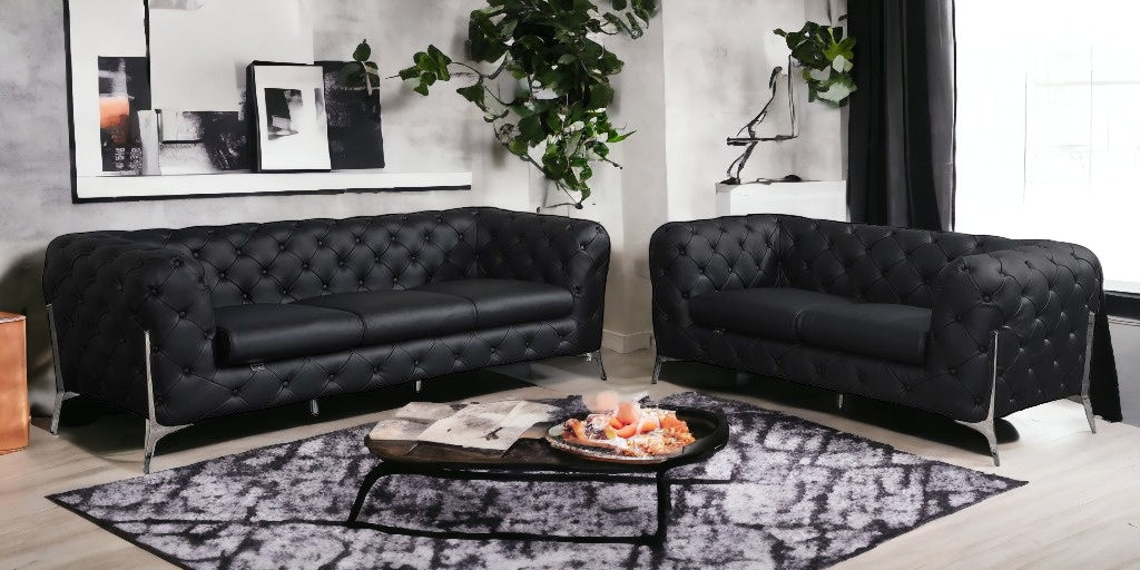 Two Piece Indoor Black Italian Leather Five Person Seating Set