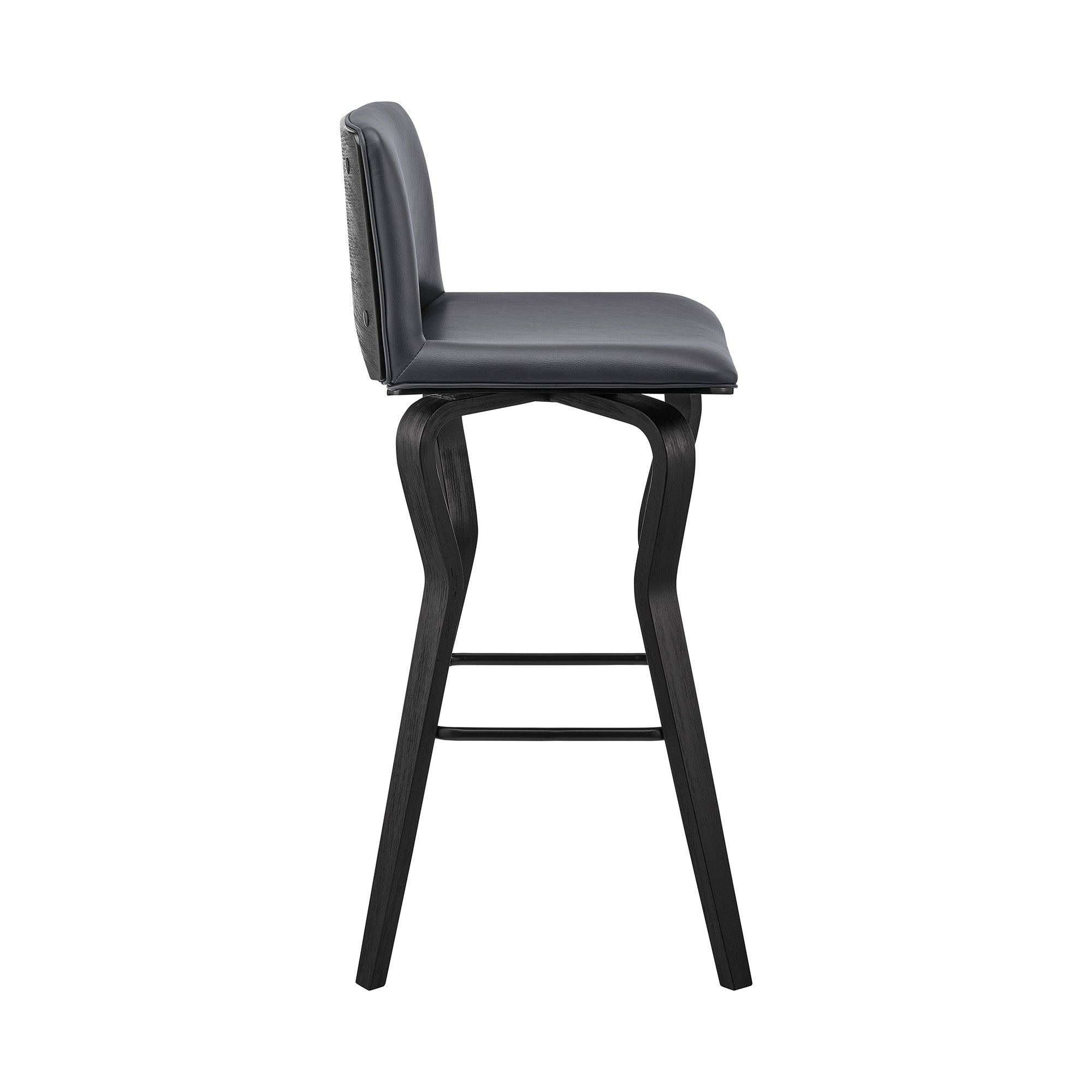 26" Gray And Black Faux Leather And Iron Swivel Low Back Counter Height Bar Chair