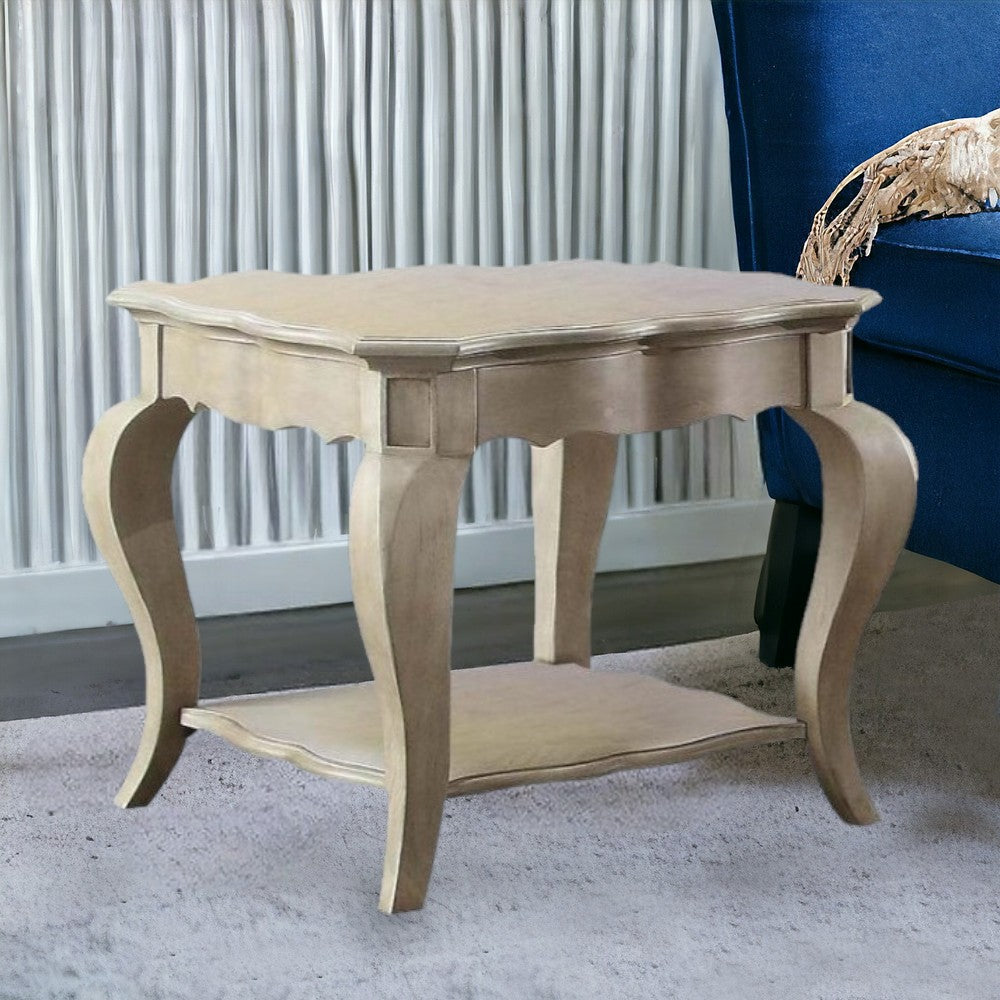 24" Antique Taupe And Clear Glass And Solid Wood Rectangular End Table With Shelf