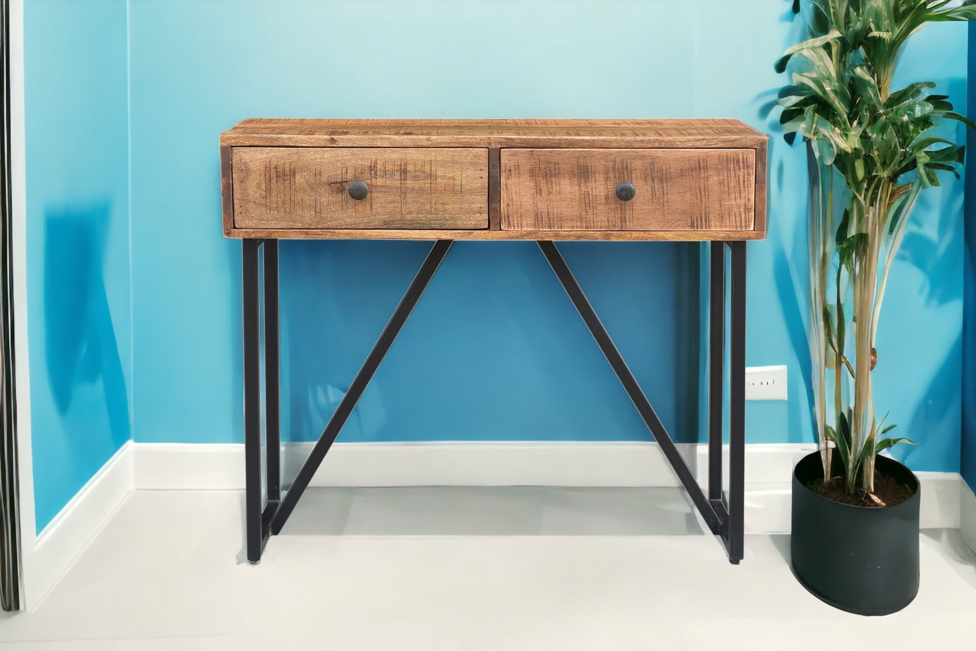 36" Natural and Black Solid Wood Distressed Frame Console Table With Storage