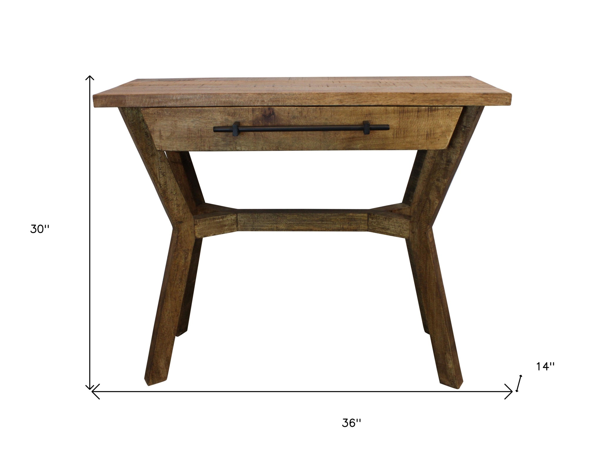 36" Natural Solid Wood Distressed Cross Leg Console Table With Storage