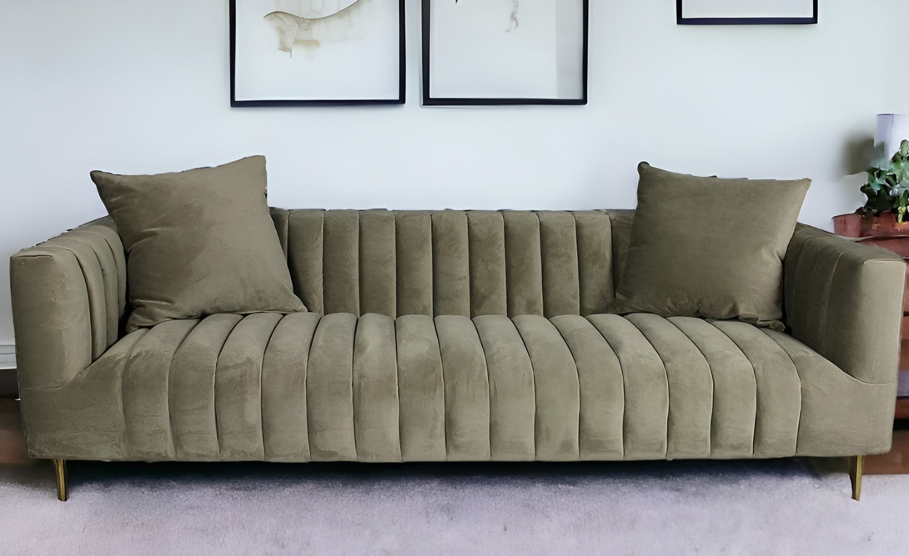 90" Gray Brown Velvet And Gold Sofa And Toss Pillows