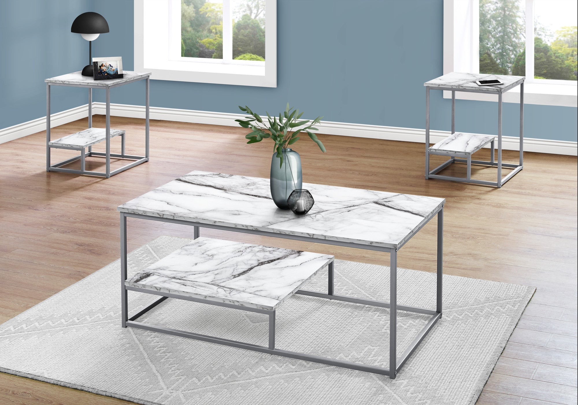 Set Of Three 42" White Rectangular Coffee Table With Shelf