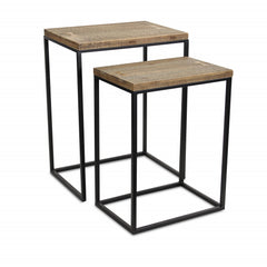 Set Of Two 24" Black And Brown Solid Wood And Steel Rectangular Nested Tables