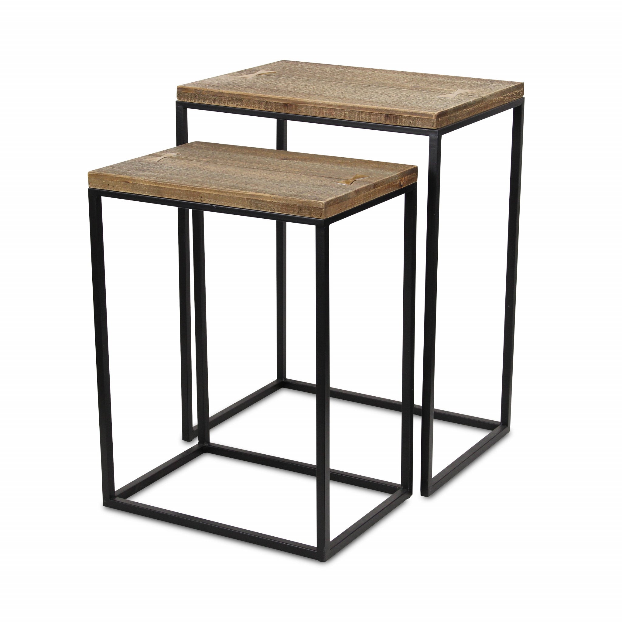 Set Of Two 24" Black And Brown Solid Wood And Steel Rectangular Nested Tables