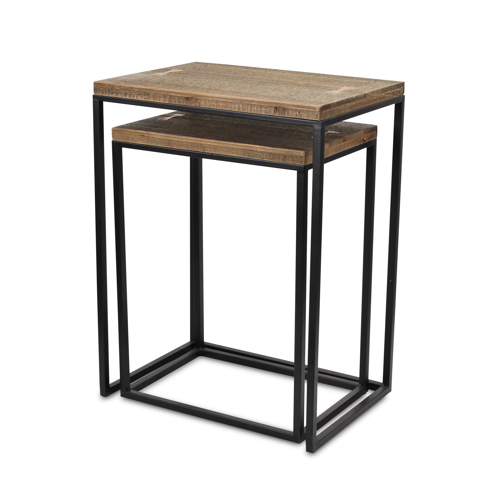 Set Of Two 24" Black And Brown Solid Wood And Steel Rectangular Nested Tables