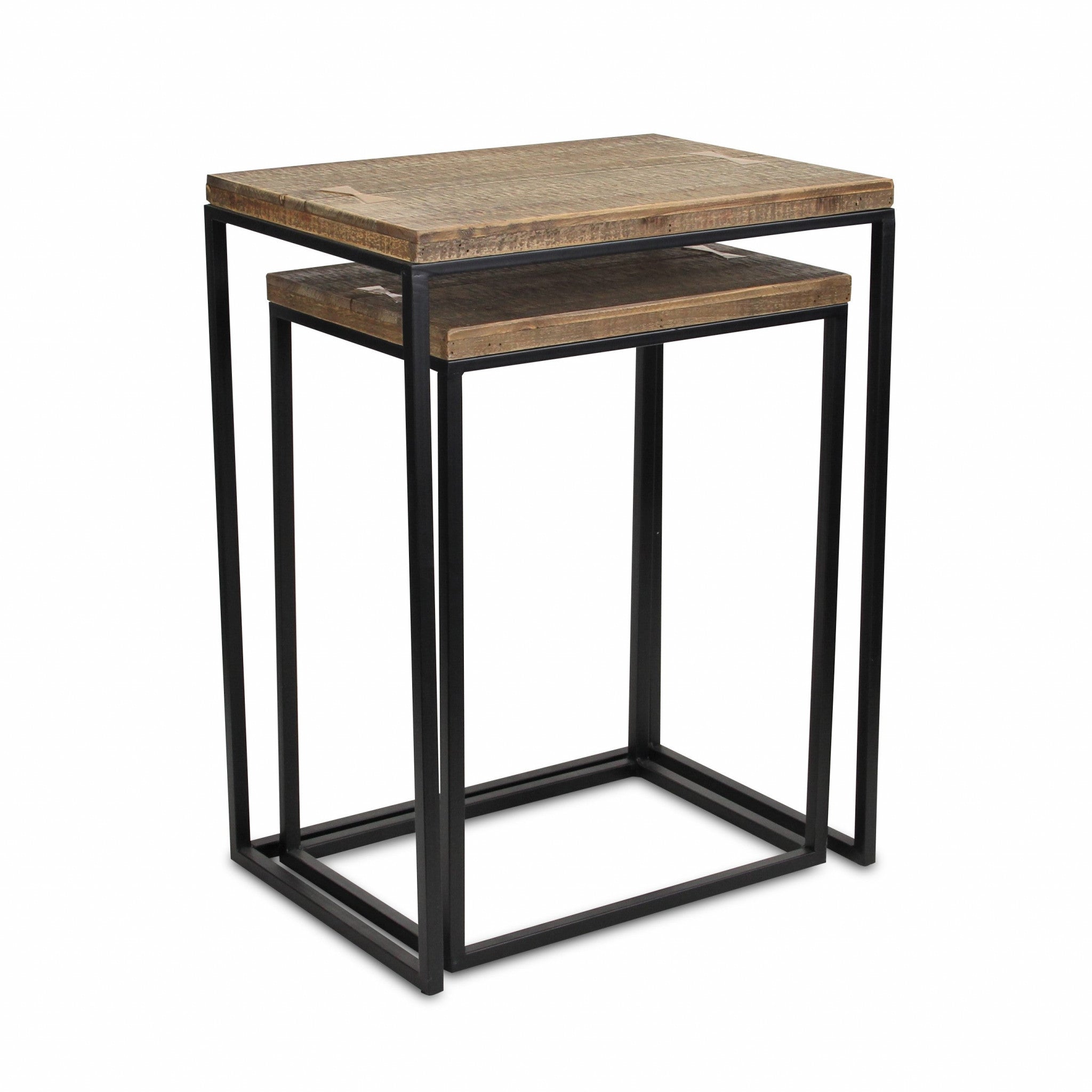 Set Of Two 24" Black And Brown Solid Wood And Steel Rectangular Nested Tables