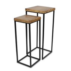 Set Of Two 29" Black And Brown Solid Wood And Steel Square Nested Tables