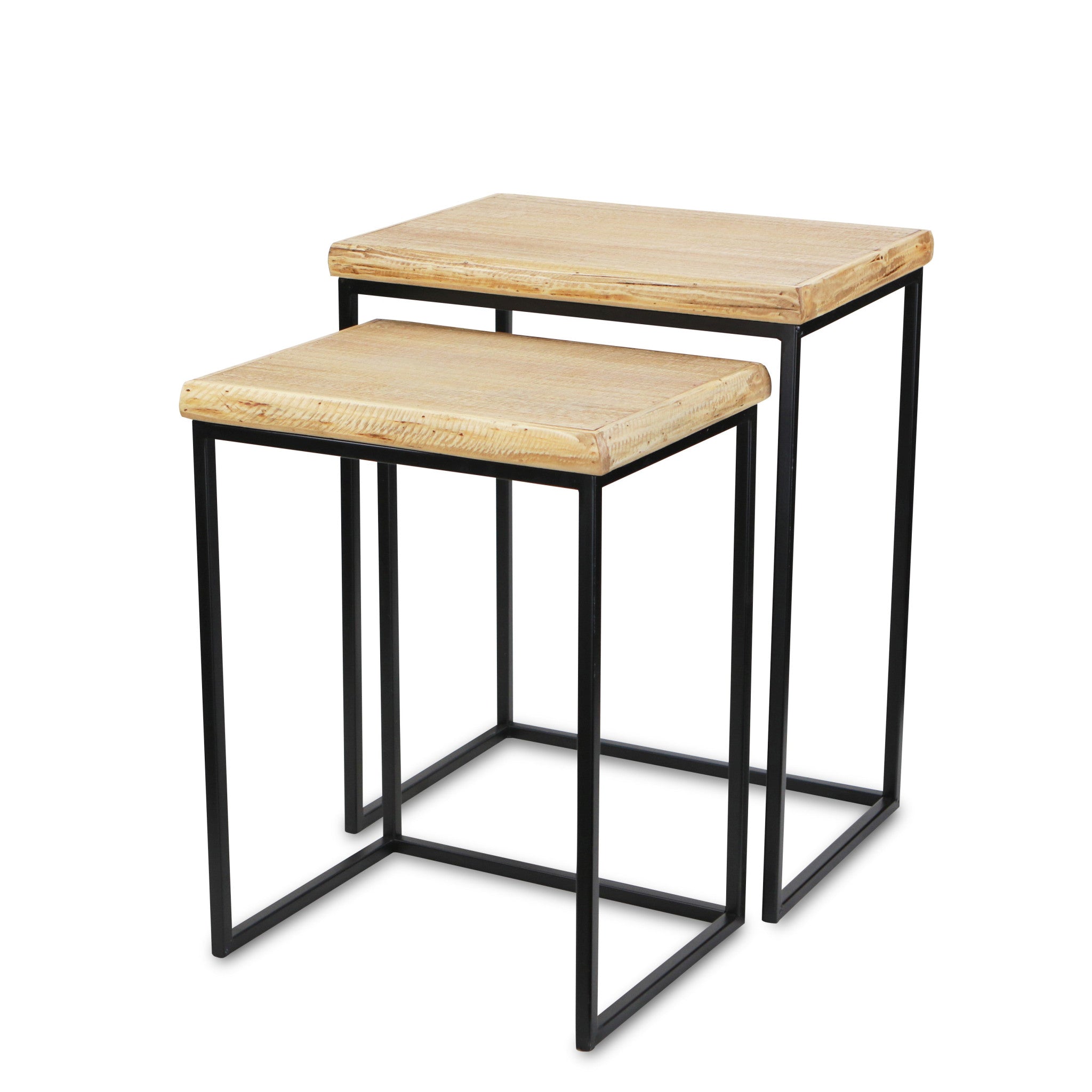 Set Of Two 25" Black And Brown Solid Wood And Steel Rectangular Nested Tables