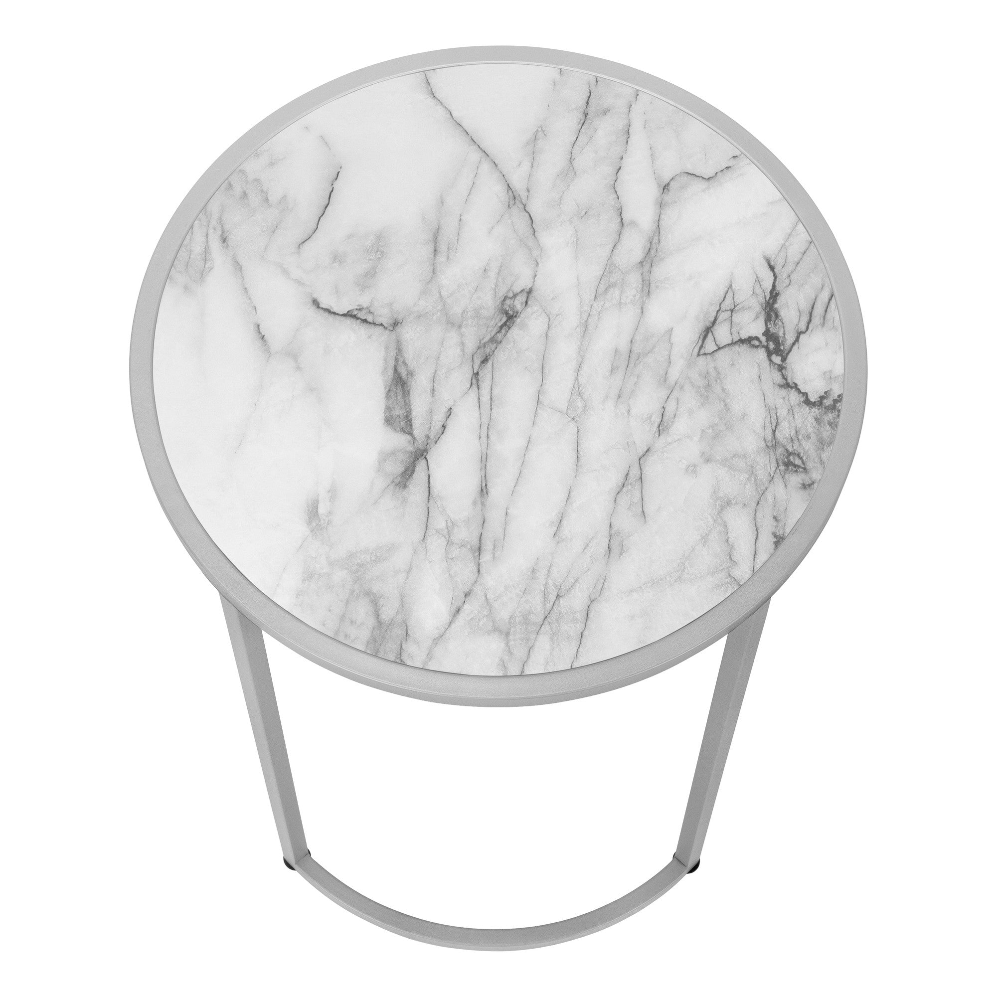 24" Silver And White Faux Marble Round End Table