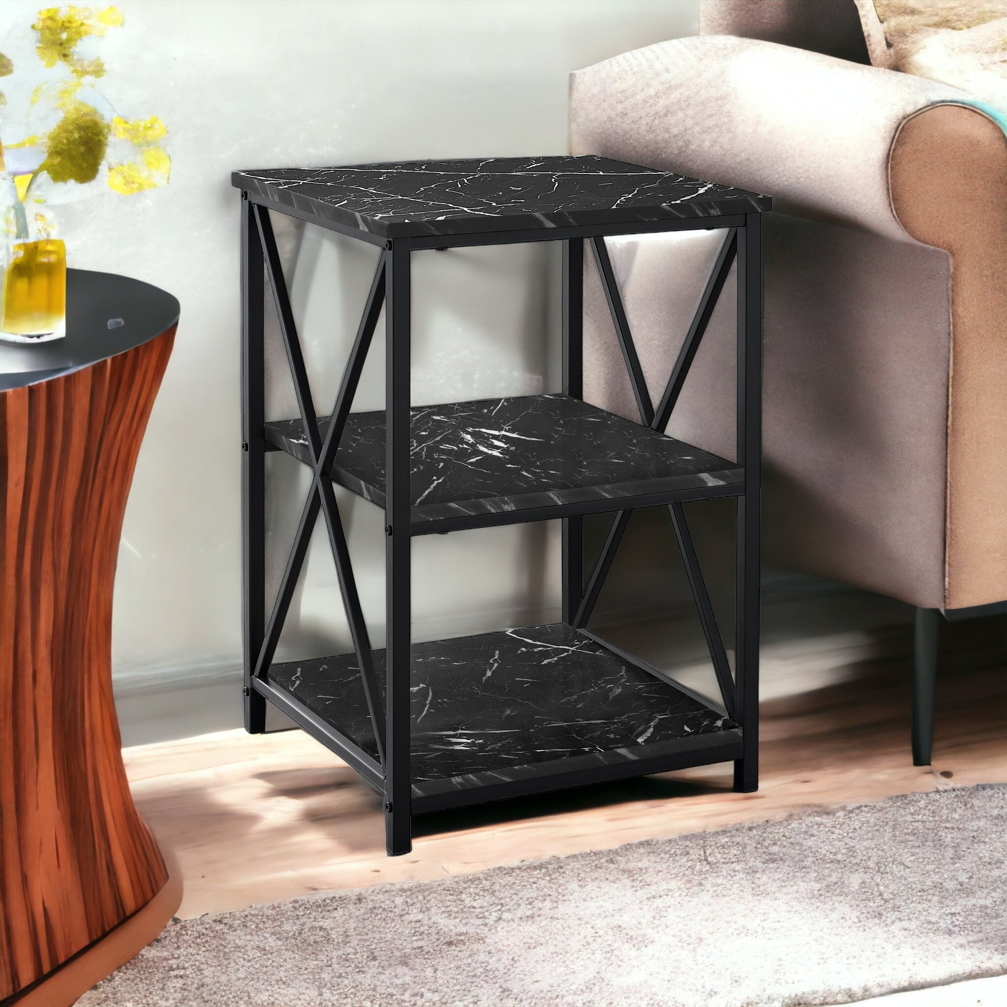 26" Black Faux Marble End Table With Two Shelves