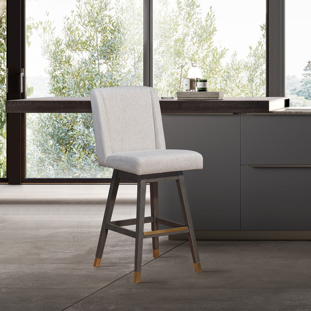 30" Taupe And Gray Solid Wood Swivel Bar Chair