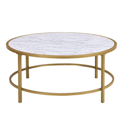 36" White And Gold Faux Marble Round Coffee Table