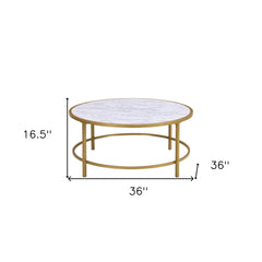 36" White And Gold Faux Marble Round Coffee Table