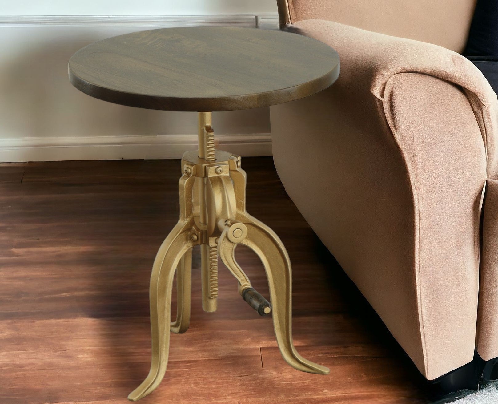 19" Gold And Elm Solid Wood Round End Table