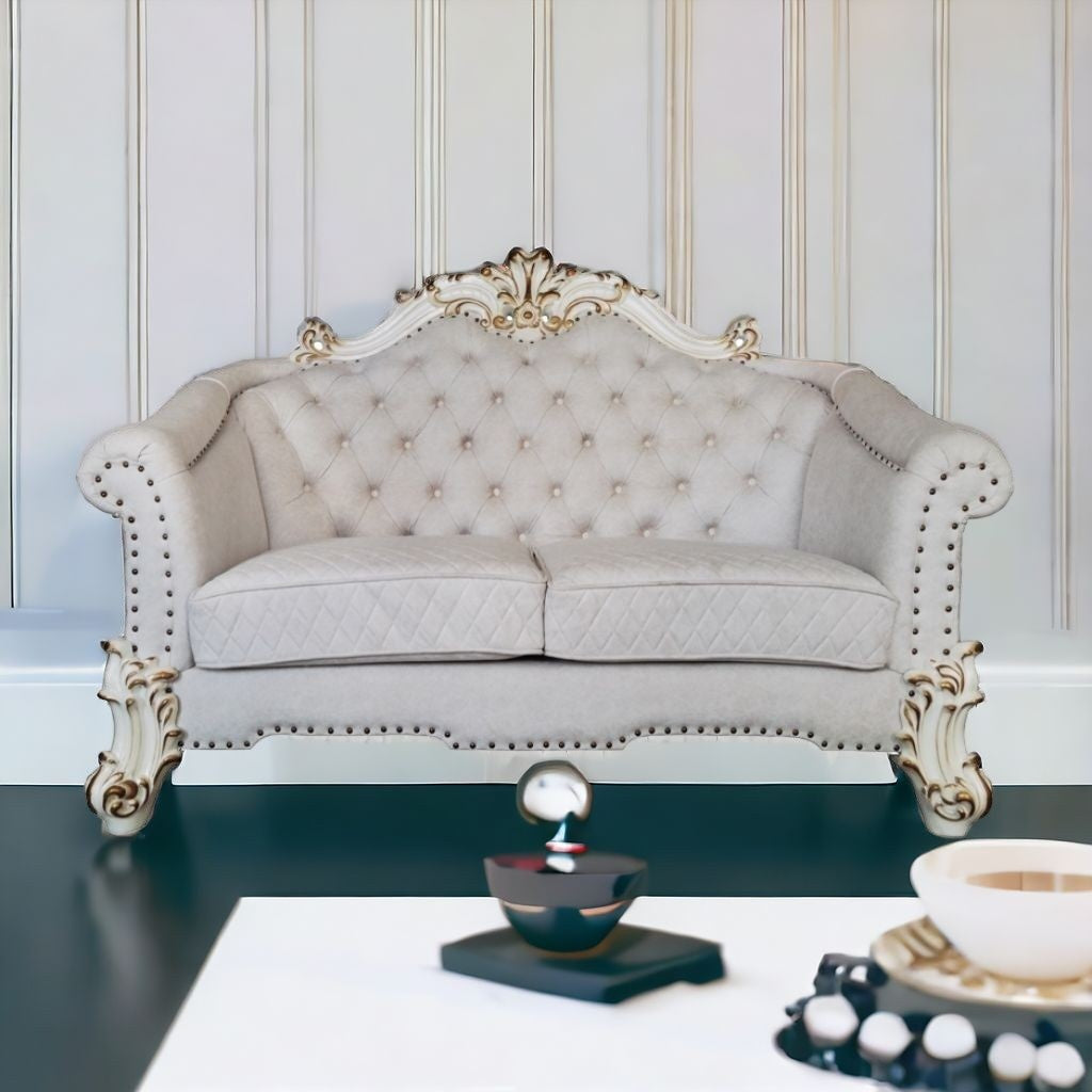 66" Two Tone Ivory And Pearl Velvet Loveseat and Toss Pillows