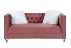 65" Pink And Silver Velvet Love Seat and Toss Pillows