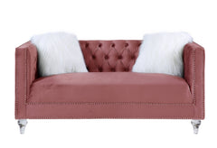 65" Pink And Silver Velvet Love Seat and Toss Pillows