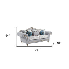 95" Light Gray And Platinum Linen Sofa And Toss Pillows