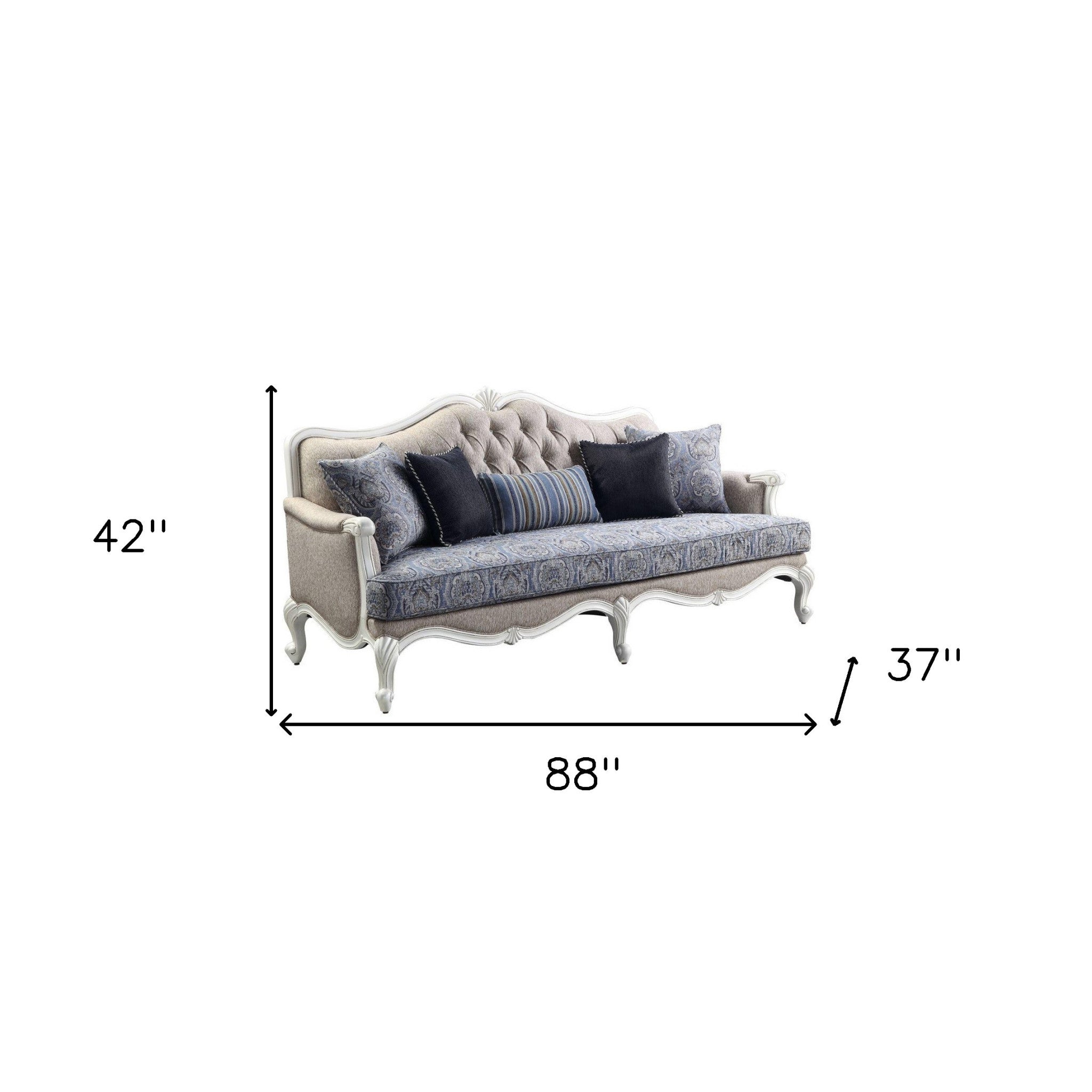 88" Fabric And White Linen Sofa And Toss Pillows