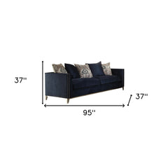 95" Blue And Silver Velvet Sofa And Toss Pillows