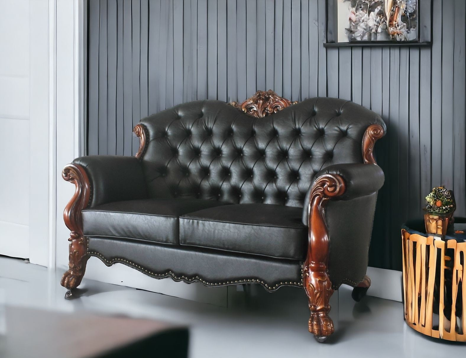 71" Black And Brown Faux Leather Loveseat and Toss Pillows