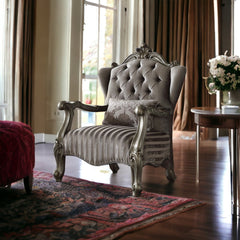 33" Gray And Platinum Velvet Striped Tufted Wingback Chair