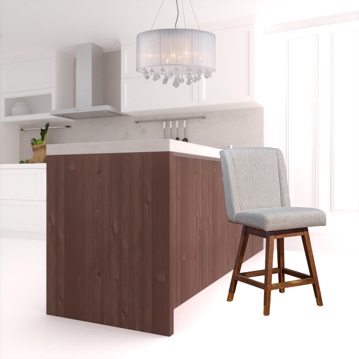 26" Taupe And Brown Solid Wood Swivel Bar Height Bar Chair