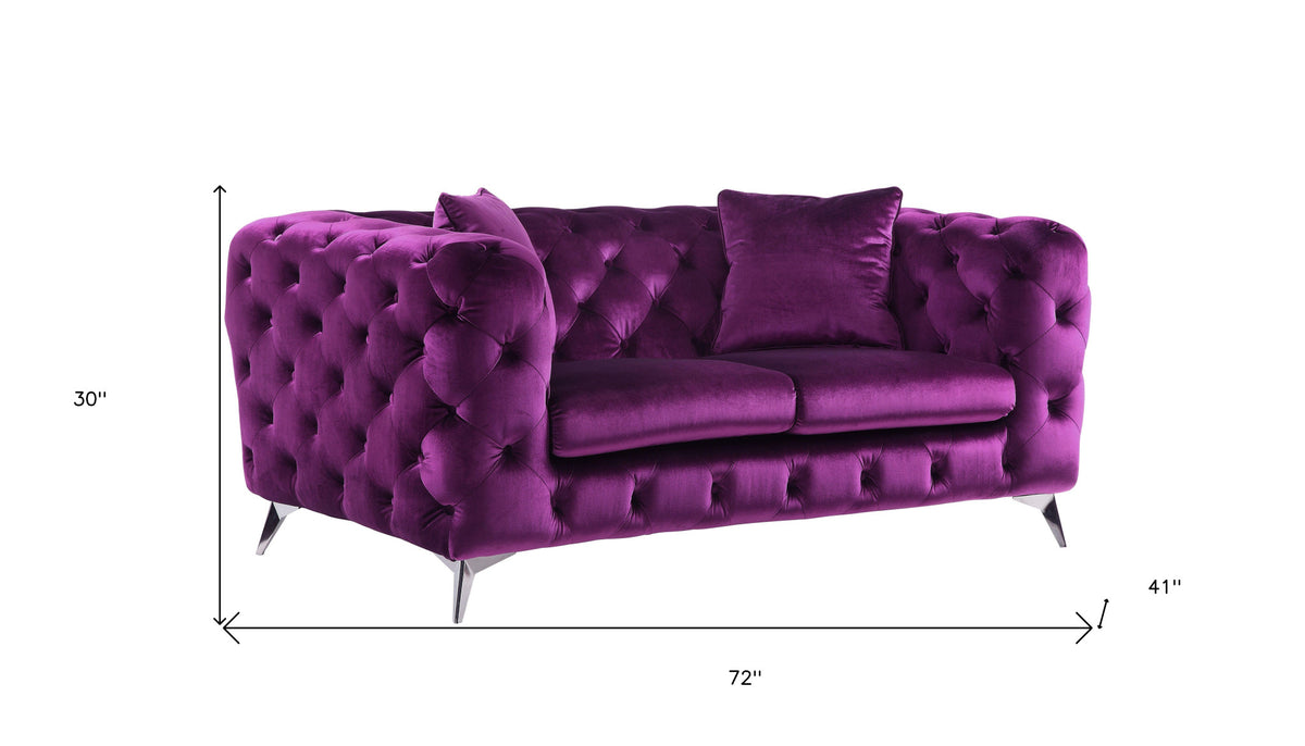 72" Purple And Silver Velvet Loveseat