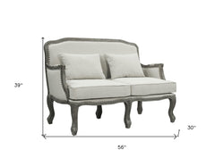 56" Cream And Gray Linen Loveseat and Toss Pillows