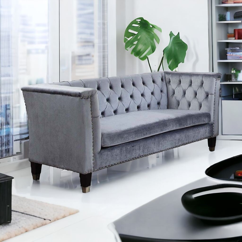 70" Blue Gray And Black Velvet Loveseat