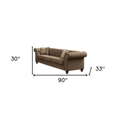 90" Brown Linen And Black Sofa With Two Toss Pillows