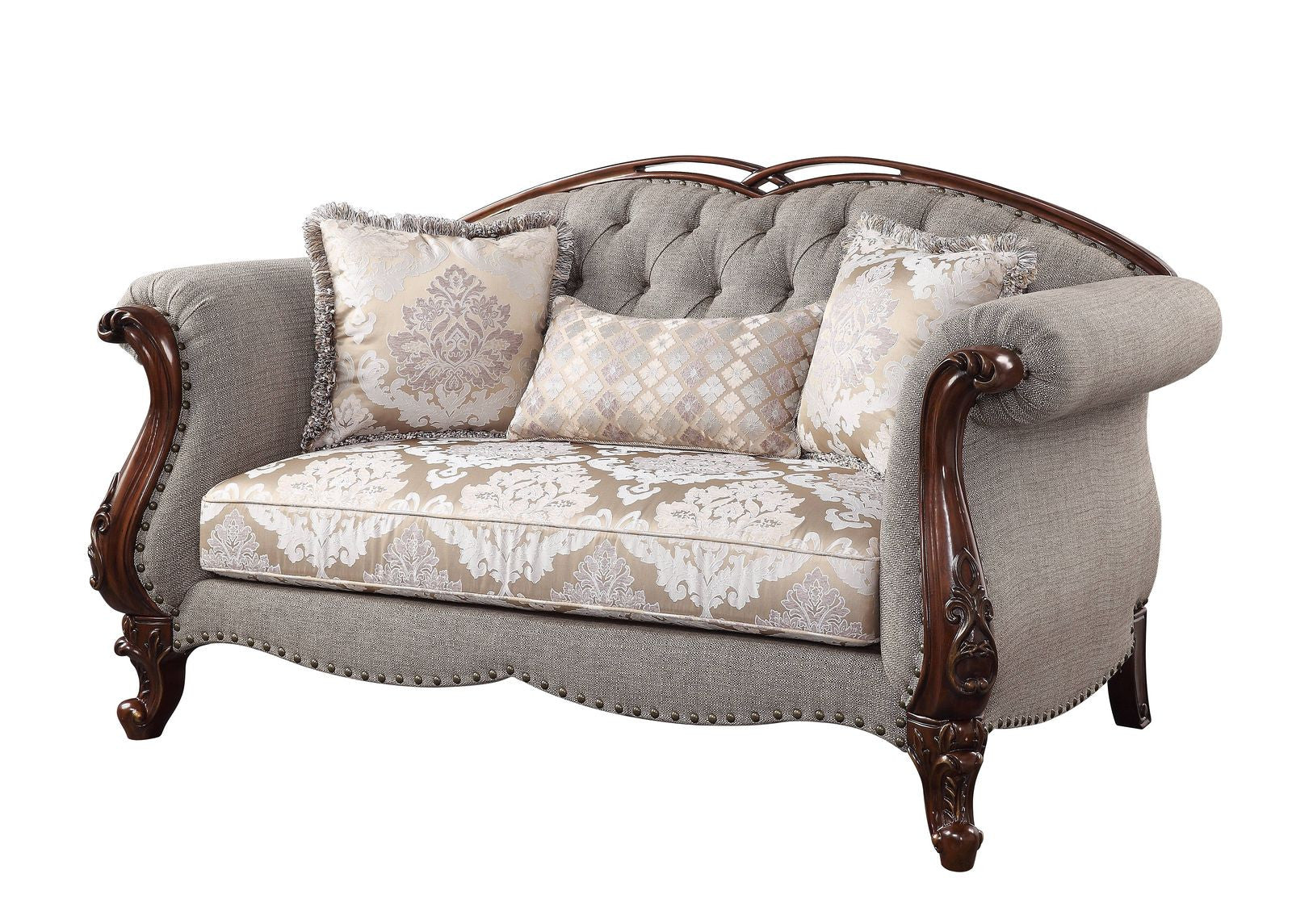 72" Beige And Dark Brown Linen Loveseat and Toss Pillows