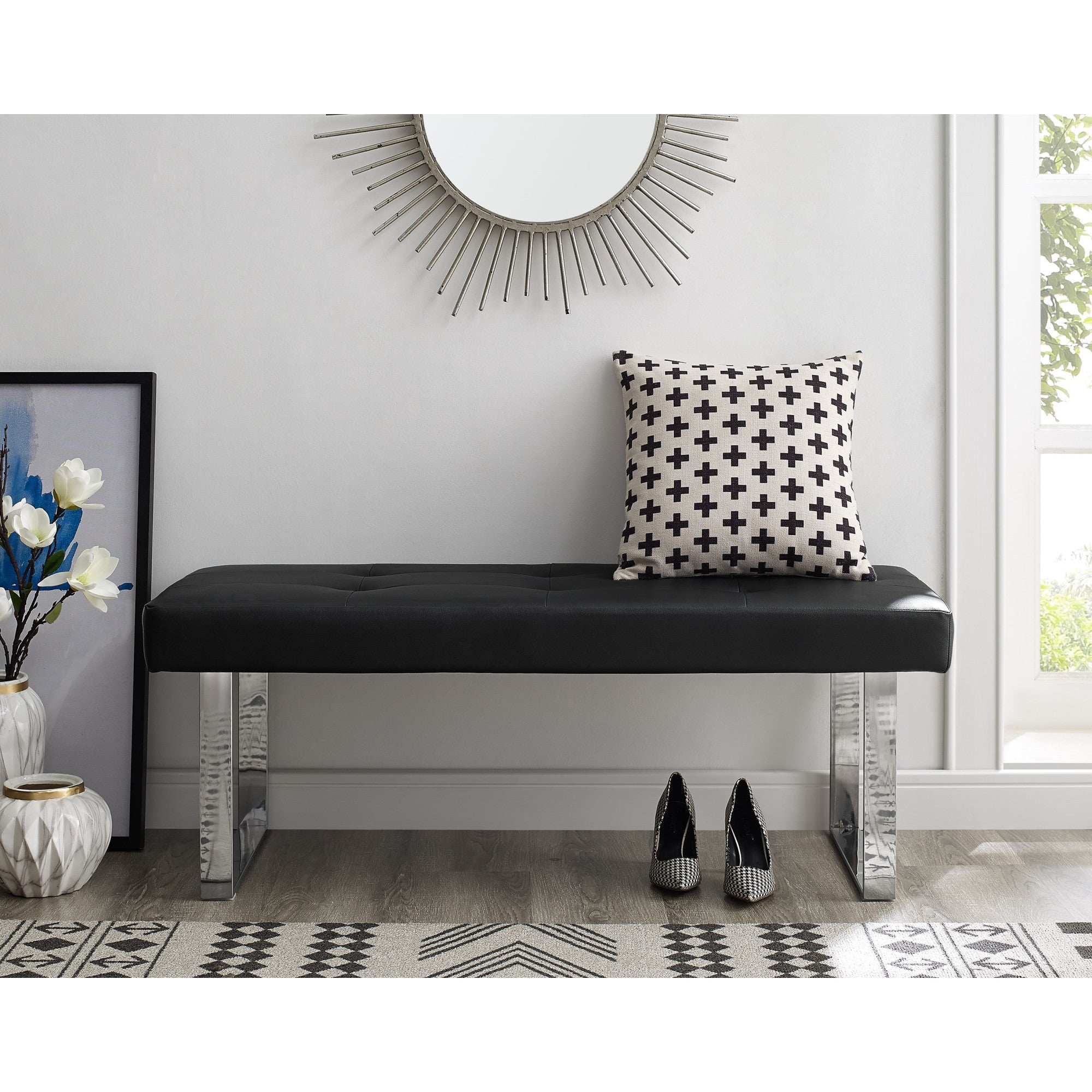 48" Black and Silver Upholstered Faux Leather Bench