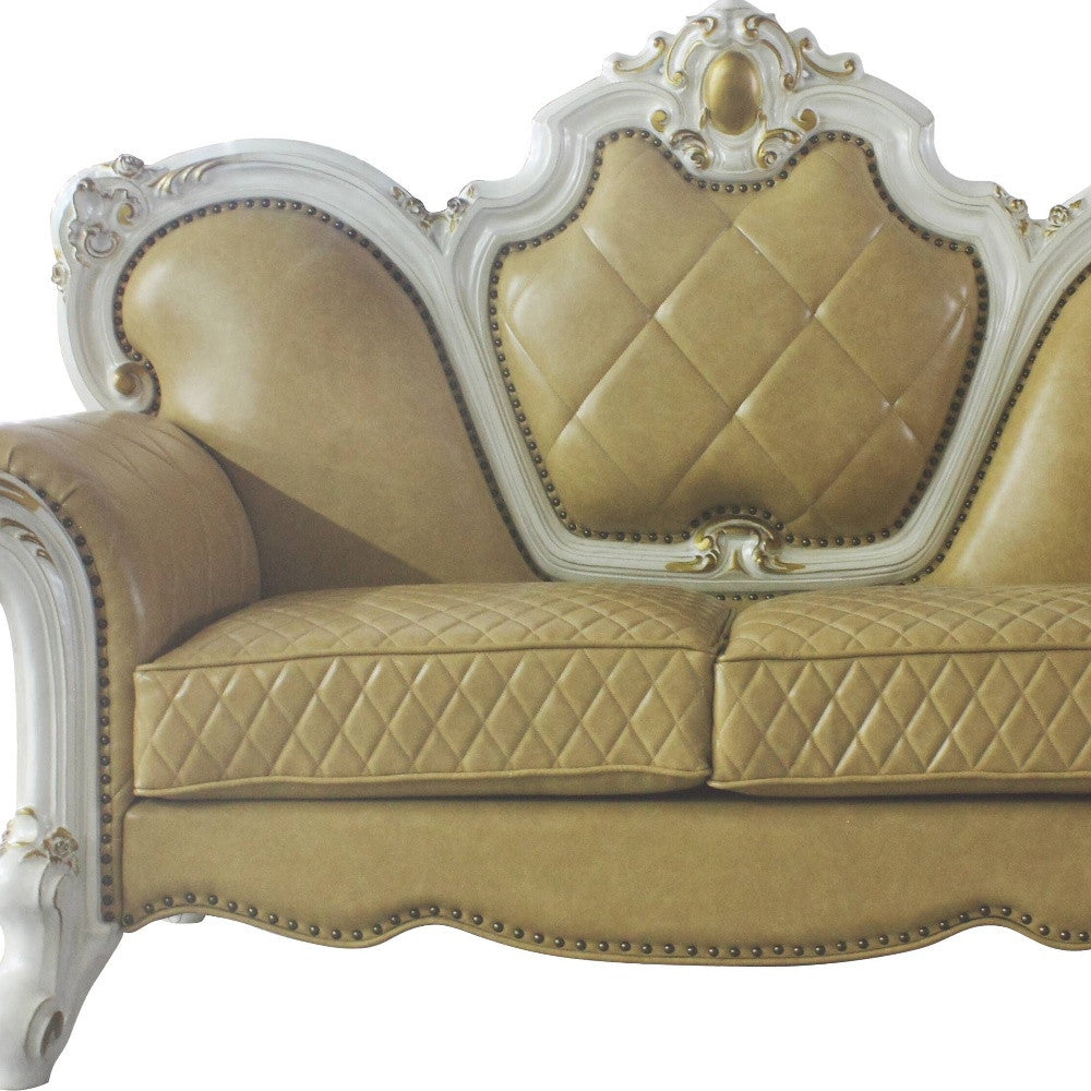 70" Butterscotch And Pearl Faux Leather Loveseat and Toss Pillows