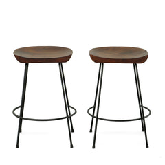 Set of Two 25" Chestnut And Black Steel Backless Counter Height Bar Chairs