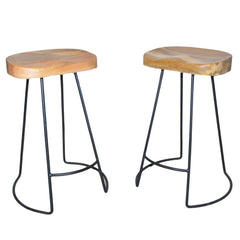 Set of Two 25" Natural And Black Steel Backless Counter Height Bar Chairs