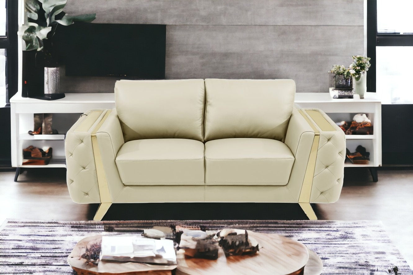 72" Beige And Gold Genuine Leather Loveseat