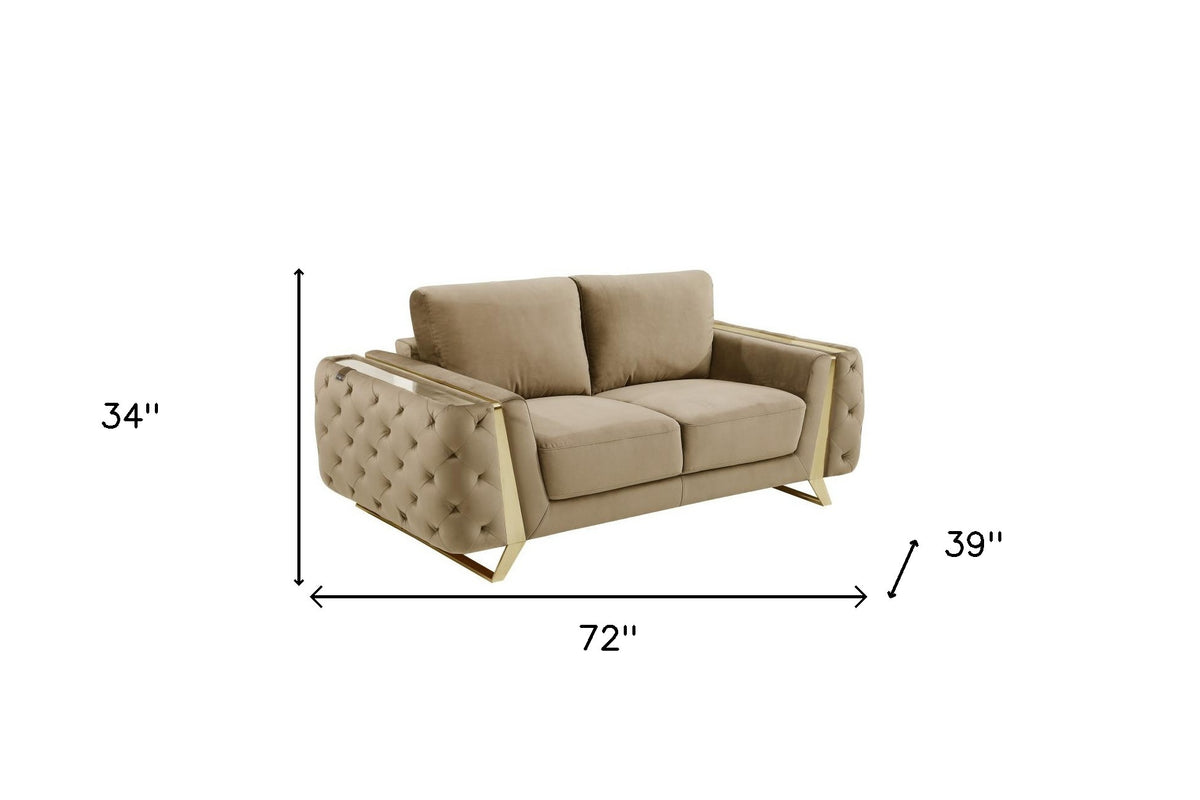 72" Beige And Gold Velvet Love Seat