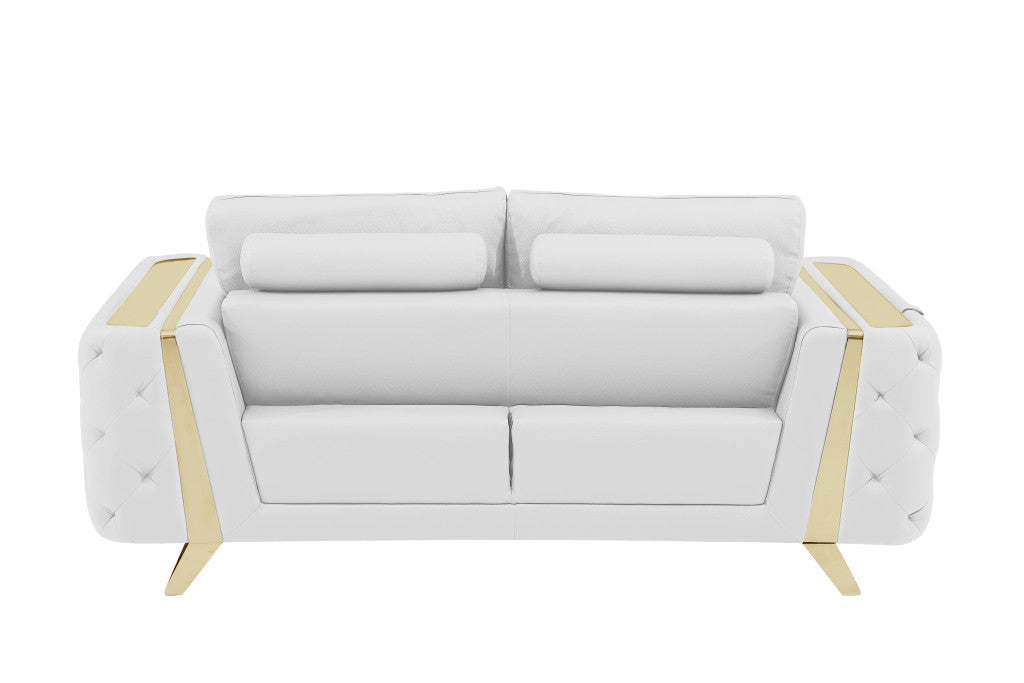 72" White And Gold Genuine Leather Loveseat