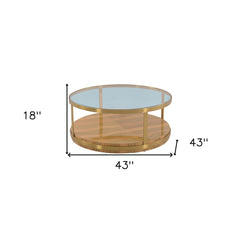 43" Clear And Natural Glass And Metal Round Coffee Table With Shelf