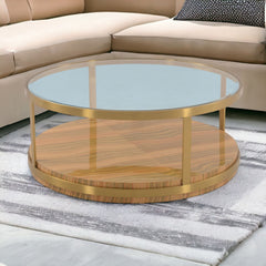 43" Clear And Natural Glass And Metal Round Coffee Table With Shelf