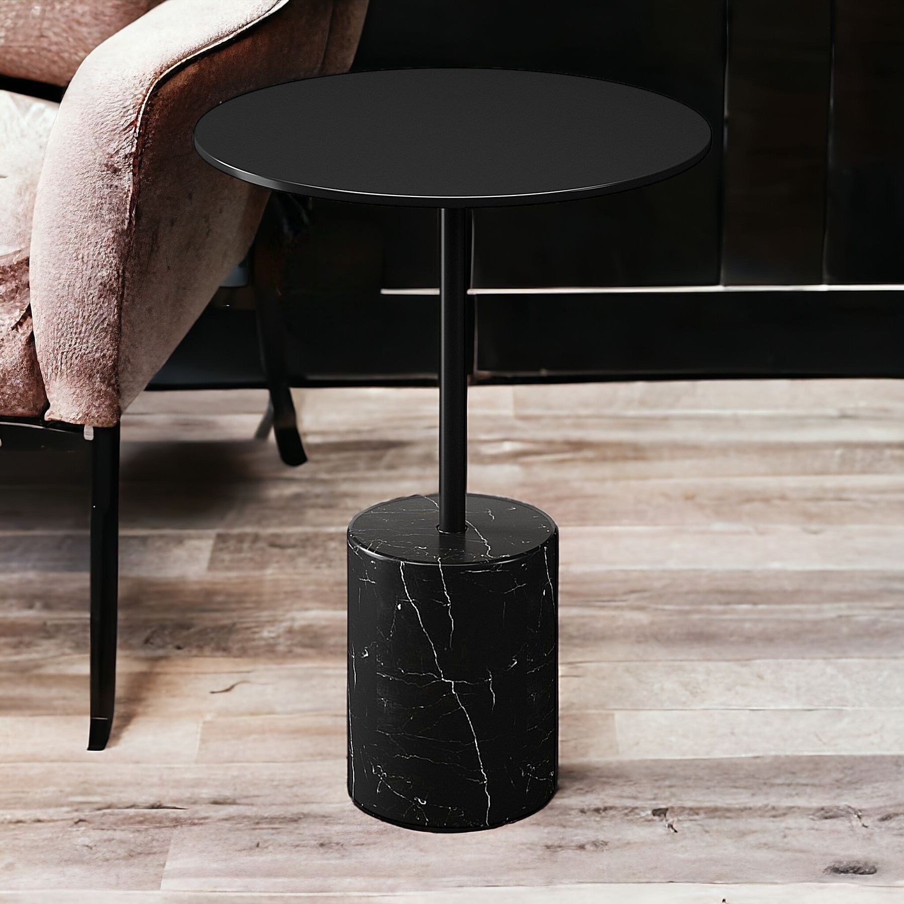 20" Black Steel and Marble Round Pedestal End Table