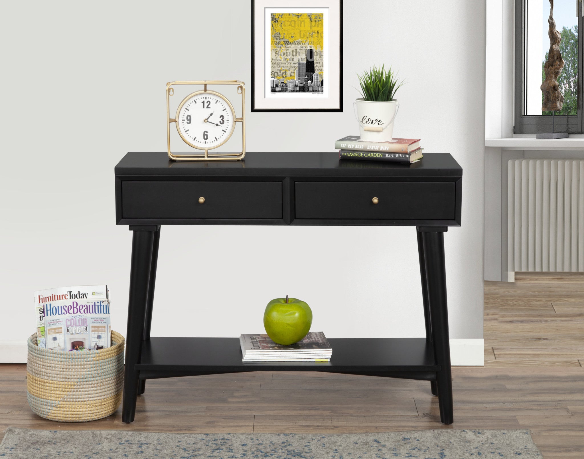 42" Black Solid and Manufactured Wood Floor Shelf Console Table With Storage With Storage